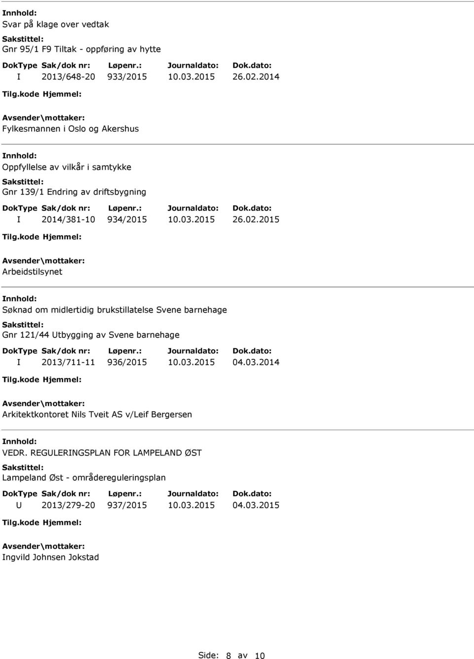 2015 Arbeidstilsynet nnhold: Søknad om midlertidig brukstillatelse Svene barnehage Gnr 121/44 tbygging av Svene barnehage 2013/711-11 936/2015 04.03.