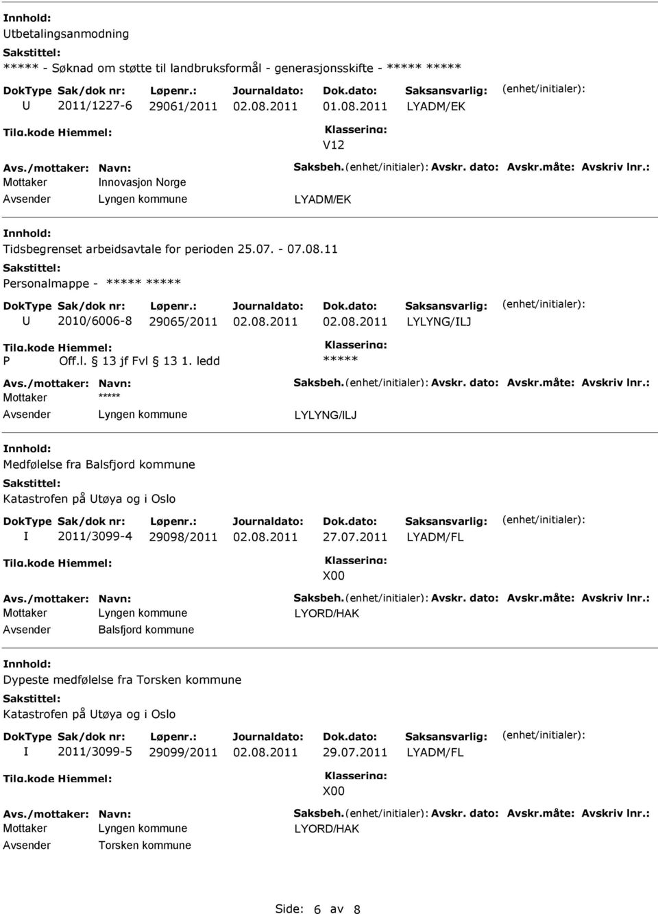 måte: Avskriv lnr.: Mottaker LYLYNG/LJ Medfølelse fra Balsfjord kommune Katastrofen på tøya og i Oslo 2011/3099-4 29098/2011 27.07.2011 LYADM/FL X00 Avs./mottaker: Navn: Saksbeh. Avskr. dato: Avskr.