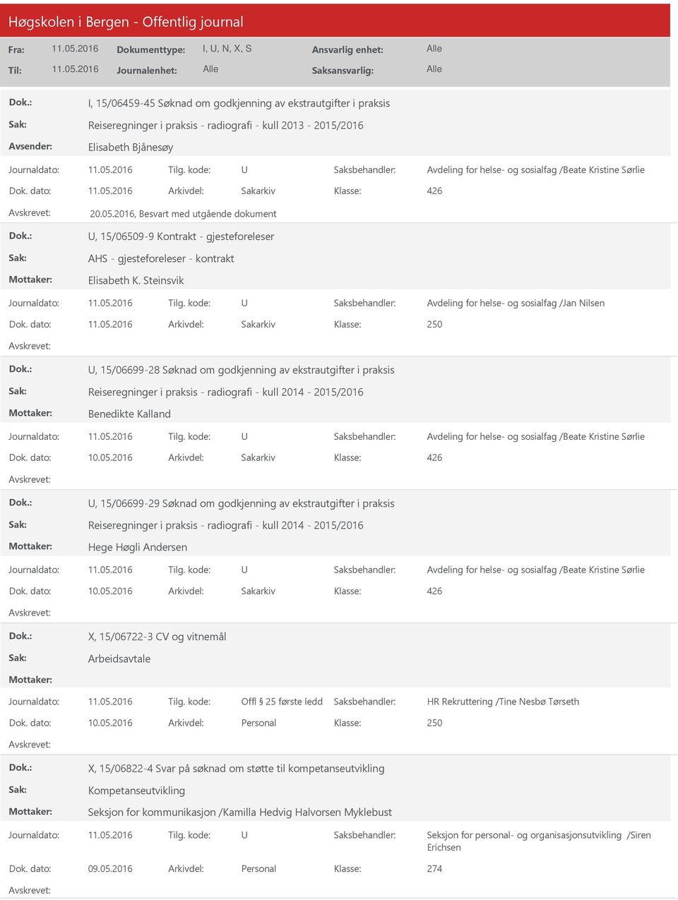 dato: Arkivdel: Sakarkiv, 15/06699-28 Søknad om godkjenning av ekstrautgifter i praksis Reiseregninger i praksis - radiografi - kull 2014-2015/2016 Benedikte Kalland, 15/06699-29 Søknad om