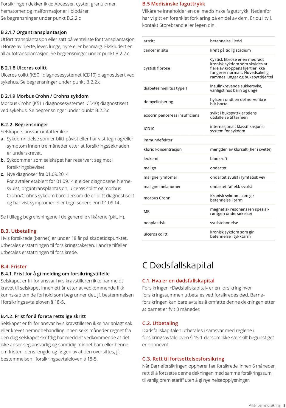 Se begrensninger under punkt B.2.2.c B 2.1.8 Ulcerøs colitt Ulcerøs colitt (K50 i diagnosesystemet ICD10) diagnostisert ved sykehus. Se begrensninger under punkt B.2.2.c B 2.1.9 Morbus Crohn / Crohns sykdom Morbus Crohn (K51 i diagnosesystemet ICD10) diagnostisert ved sykehus.