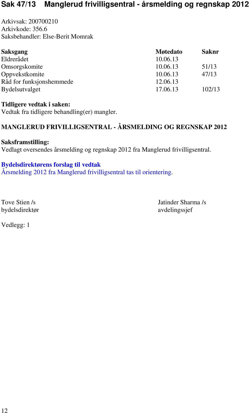 MANGLERUD FRIVILLIGSENTRAL - ÅRSMELDING OG REGNSKAP 2012 Saksframstilling: Vedlagt oversendes årsmelding og regnskap 2012 fra Manglerud frivilligsentral.