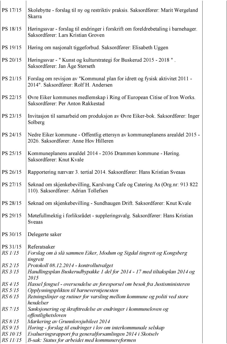 Saksordfører: Jan Åge Størseth PS 21/15 Forslag om revisjon av "Kommunal plan for idrett og fysisk aktivitet 2011-2014". Saksordfører: Rolf H.