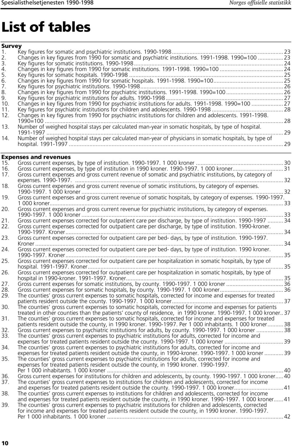 Changes in key figures from 1990 for somatic institutions. 1991-1998. 1990=100... 24 5. Key figures for somatic hospitals. 1990-1998... 25 6. Changes in key figures from 1990 for somatic hospitals.