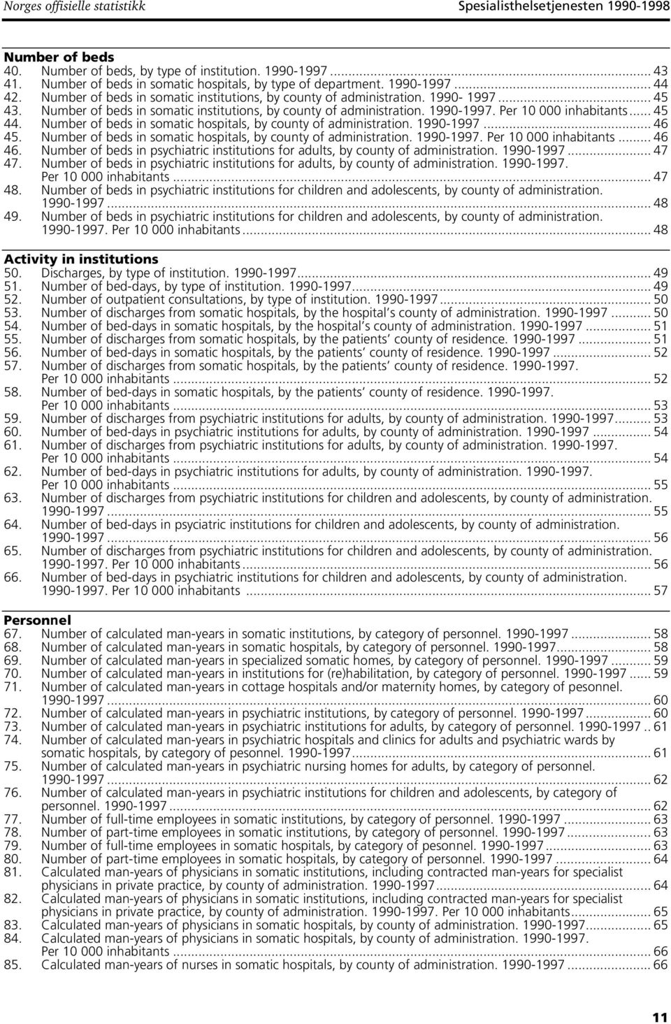Number of beds in somatic institutions, by county of administration. 1990-1997. Per 10 000 inhabitants... 45 44. Number of beds in somatic hospitals, by county of administration. 1990-1997... 46 45.