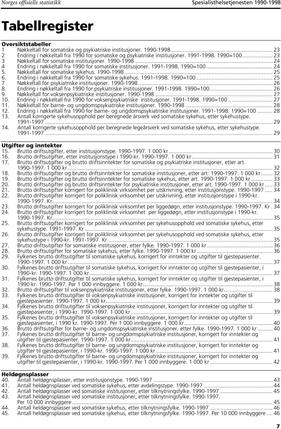 Nøkkeltall for somatiske sykehus. 1990-1998... 25 6. Endring i nøkkeltall fra 1990 for somatiske sykehus. 1991-1998. 1990=100... 25 7 Nøkkeltall for psykiatriske institusjoner. 1990-1998... 26 8.
