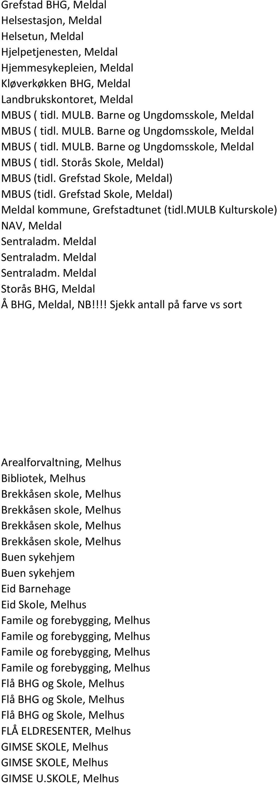 Grefstad Skole, Meldal) MBUS (tidl. Grefstad Skole, Meldal) Meldal kommune, Grefstadtunet (tidl.mulb Kulturskole) NAV, Meldal Sentraladm. Meldal Sentraladm. Meldal Sentraladm. Meldal Storås BHG, Meldal Å BHG, Meldal, NB!