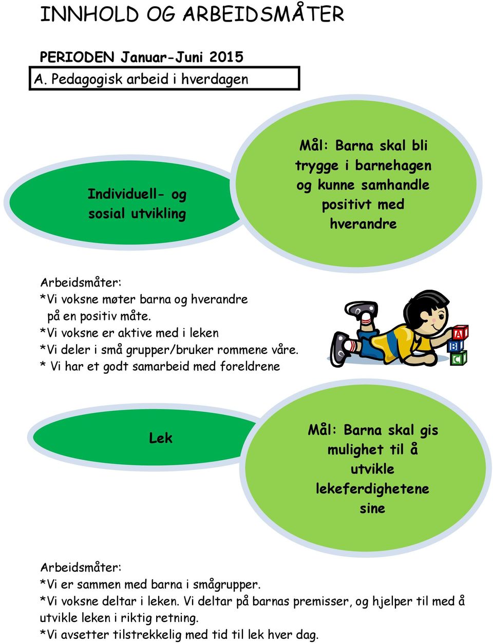 voksne møter barna og hverandre på en positiv måte. *Vi voksne er aktive med i leken *Vi deler i små grupper/bruker rommene våre.