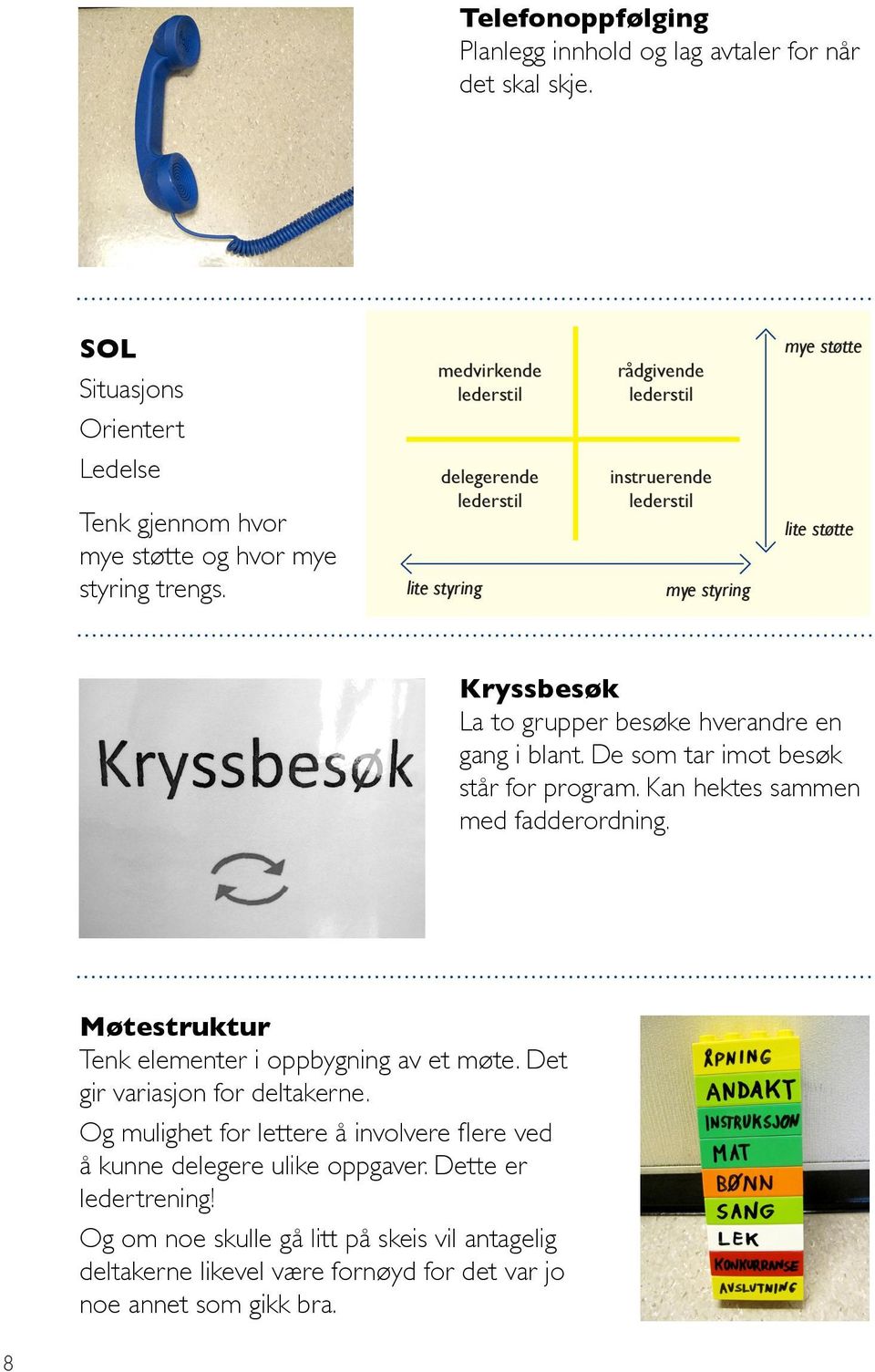 delegerende lederstil lite styring instruerende lederstil mye styring lite støtte Kryssbesøk La to grupper besøke hverandre en gang i blant. De som tar imot besøk står for program.