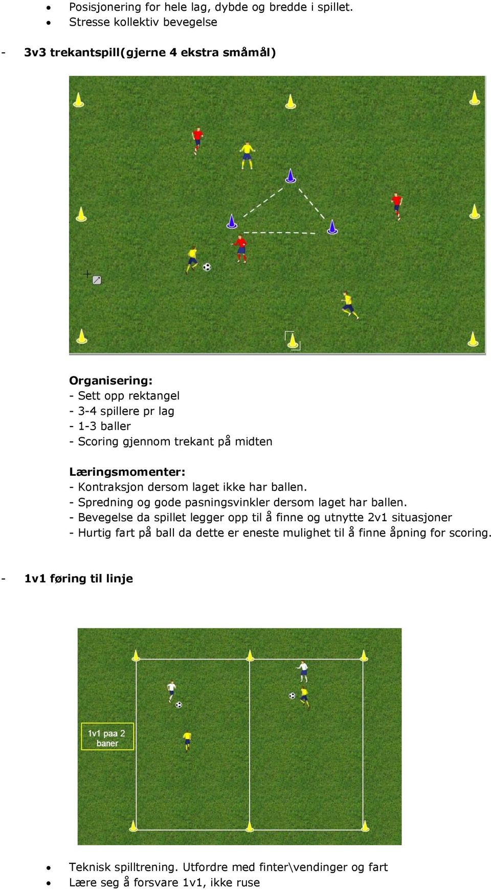gjennom trekant på midten Læringsmomenter: - Kontraksjon dersom laget ikke har ballen. - Spredning og gode pasningsvinkler dersom laget har ballen.