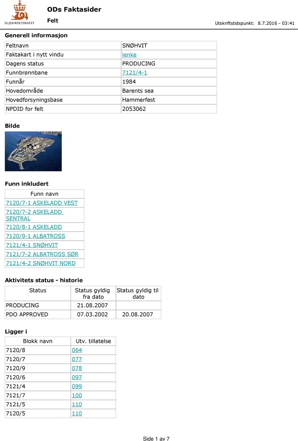 ALBATROSS 7121/4-1 SNØHVIT 7121/7-2 ALBATROSS SØR 7121/4-2 SNØHVIT NORD Aktivitets status - historie Status Status gyldig fra dato PRODUCING 21.08.