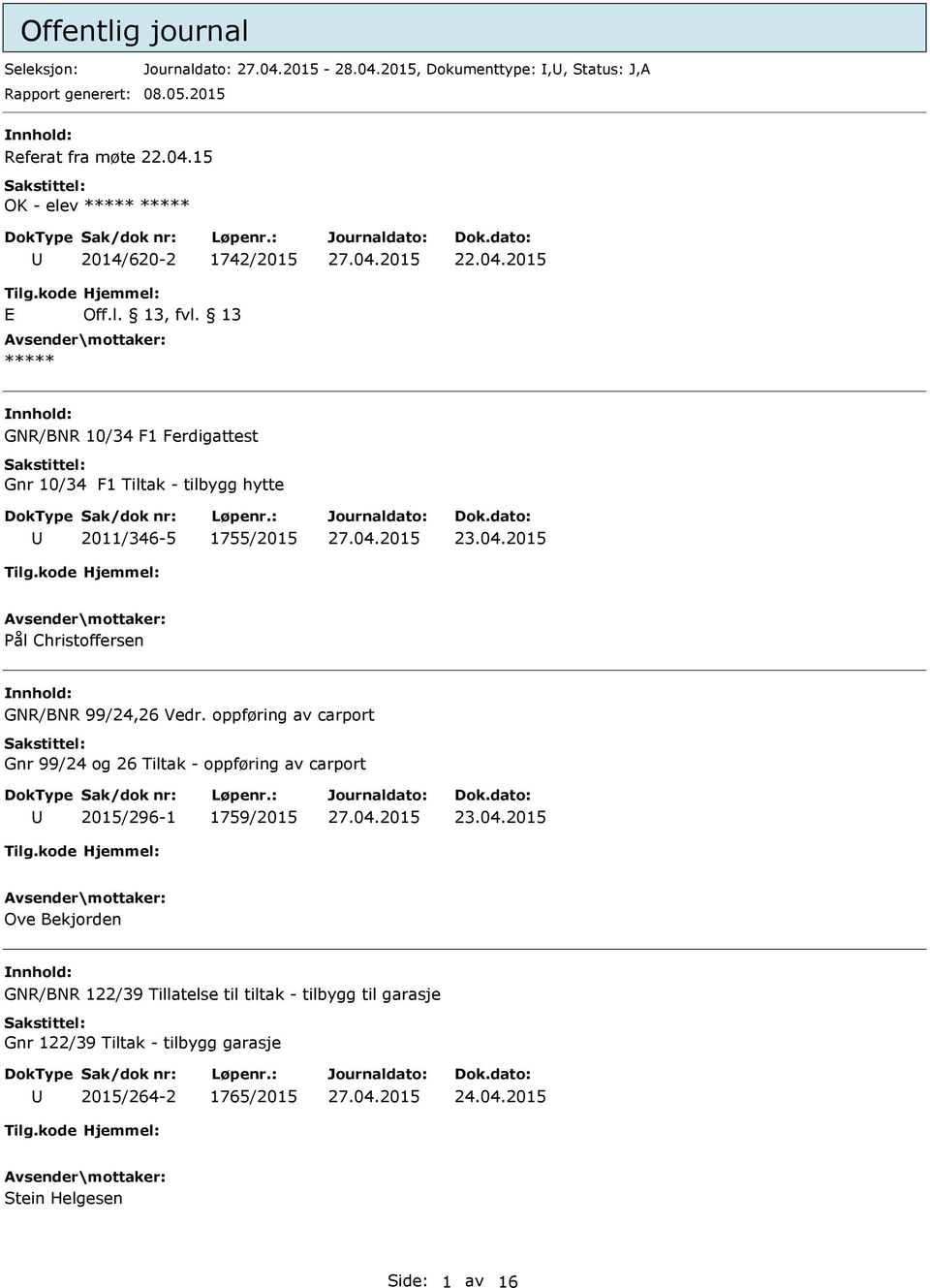 13 ***** GNR/BNR 10/34 F1 Ferdigattest Gnr 10/34 F1 Tiltak - tilbygg hytte 2011/346-5 1755/2015 23.04.2015 Pål Christoffersen GNR/BNR 99/24,26 Vedr.