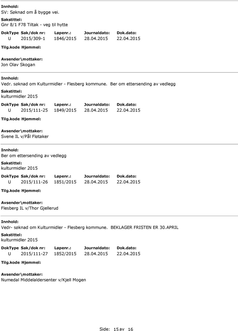 Ber om ettersending av vedlegg kulturmidler 2015 2015/111-25 1849/2015 Svene L v/pål Fløtaker Ber om ettersending av vedlegg