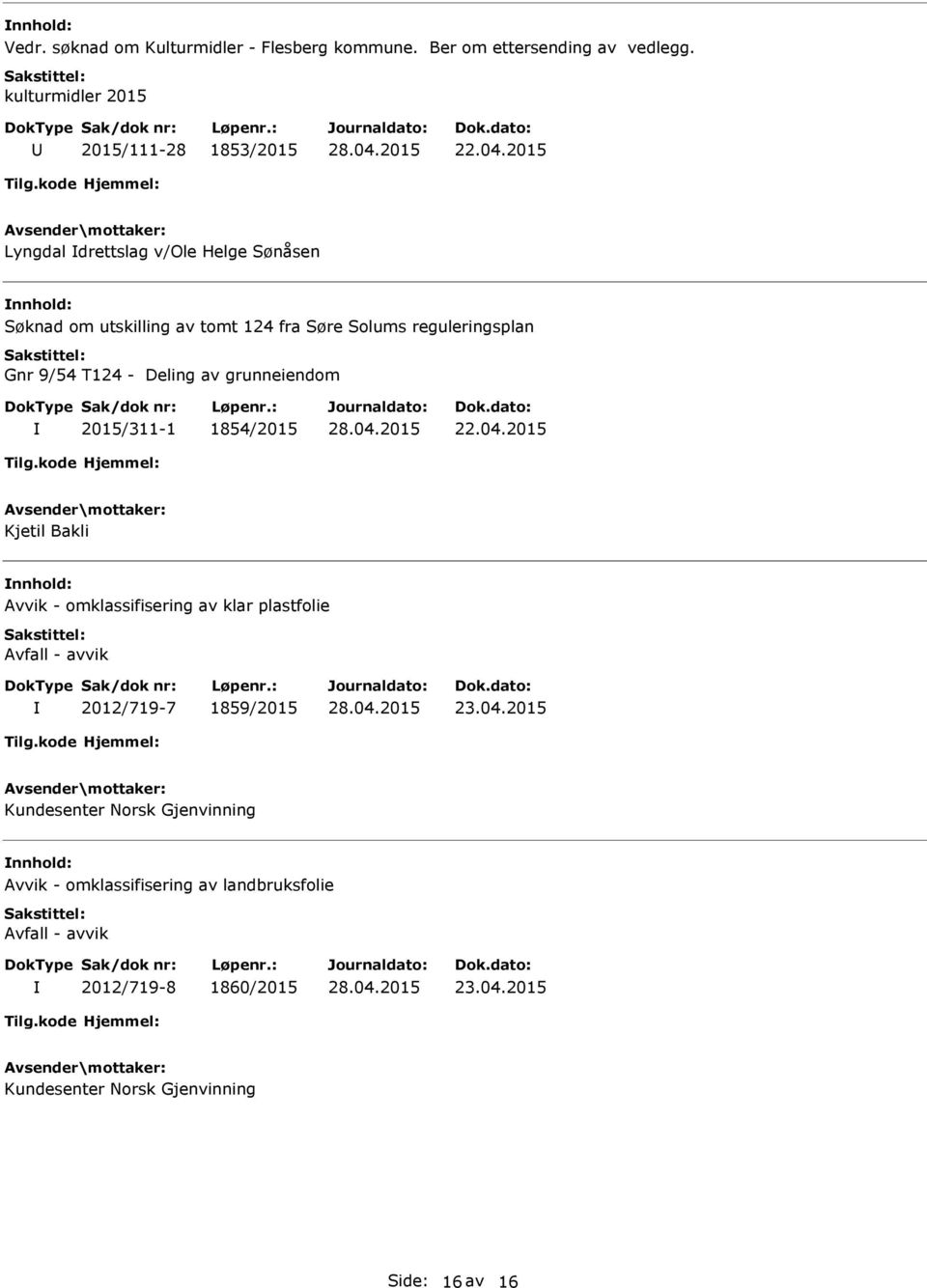 reguleringsplan Gnr 9/54 T124 - Deling av grunneiendom 2015/311-1 1854/2015 Kjetil Bakli Avvik - omklassifisering av klar plastfolie