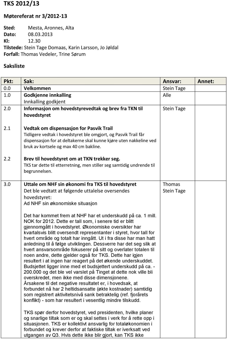 0 Informasjon om hovedstyrevedtak og brev fra TKN til hovedstyret 2.1 2.