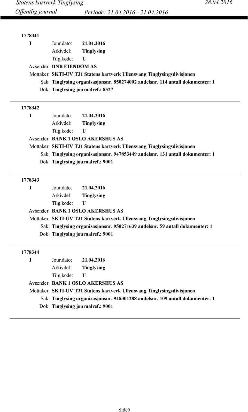 131 antall dokumenter: 1 Dok: journalref.: 9001 1778343 Avsender: BANK 1 OSLO AKERSHS AS Mottaker: SKTI-V T31 Statens kartverk llensvang sdivisjonen organisasjonsnr. 950271639 andelsnr.