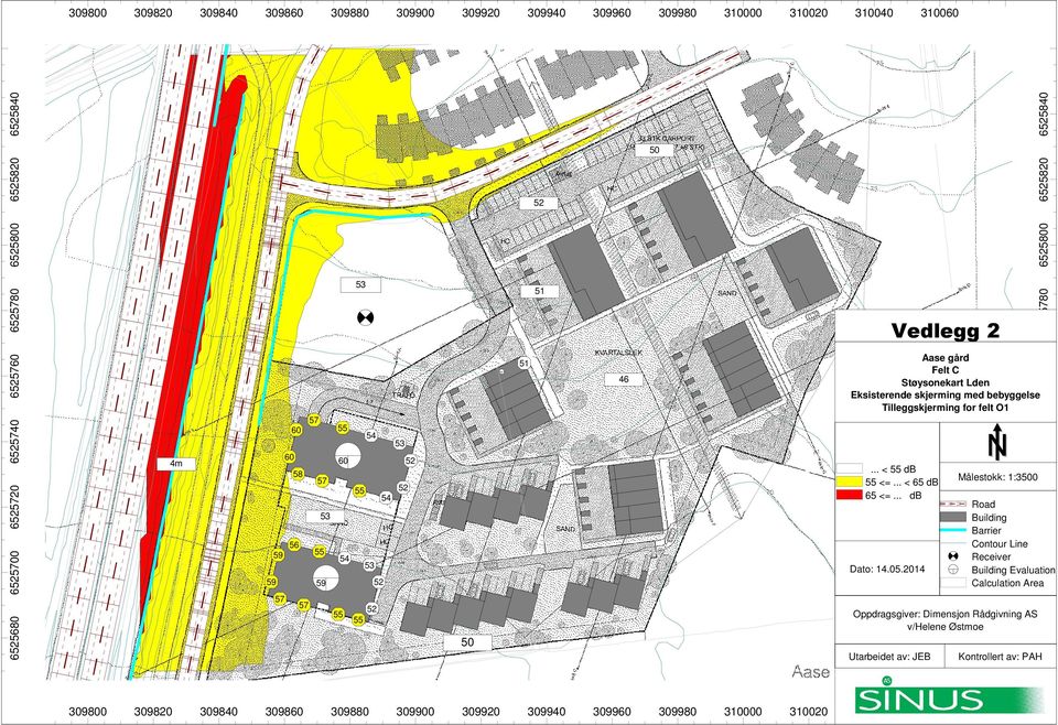 skjerming med bebyggelse Tilleggskjerming for felt O1... < 55 db 55 <=... < 65 db 65 <=... db Dato: 14.05.