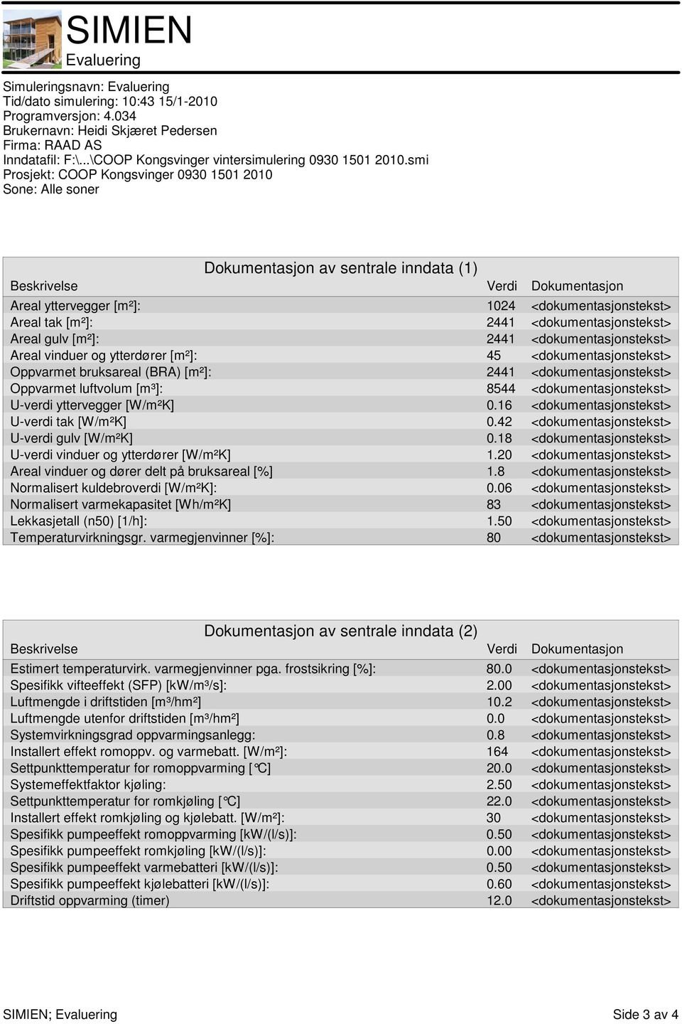 Oppvarmet luftvolum [m³]: 8544 <dokumentasjonstekst> U-verdi yttervegger [W/m²K] 0.6 <dokumentasjonstekst> U-verdi tak [W/m²K] 0.42 <dokumentasjonstekst> U-verdi gulv [W/m²K] 0.