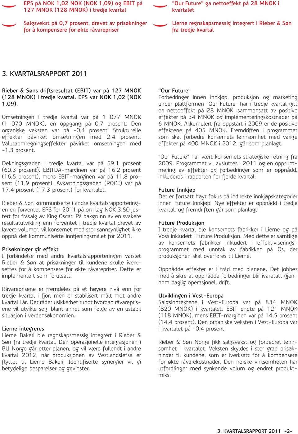 EPS var NOK 1,02 (NOK 1,09). Omsetningen i tredje kvartal var på 1 077 MNOK (1 070 MNOK), en oppgang på 0,7 prosent. Den organiske veksten var på -0,4 prosent.
