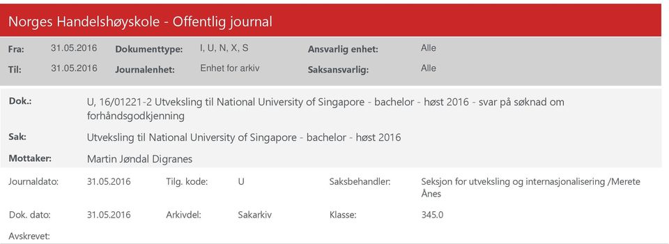 forhåndsgodkjenning tveksling til National niversity of