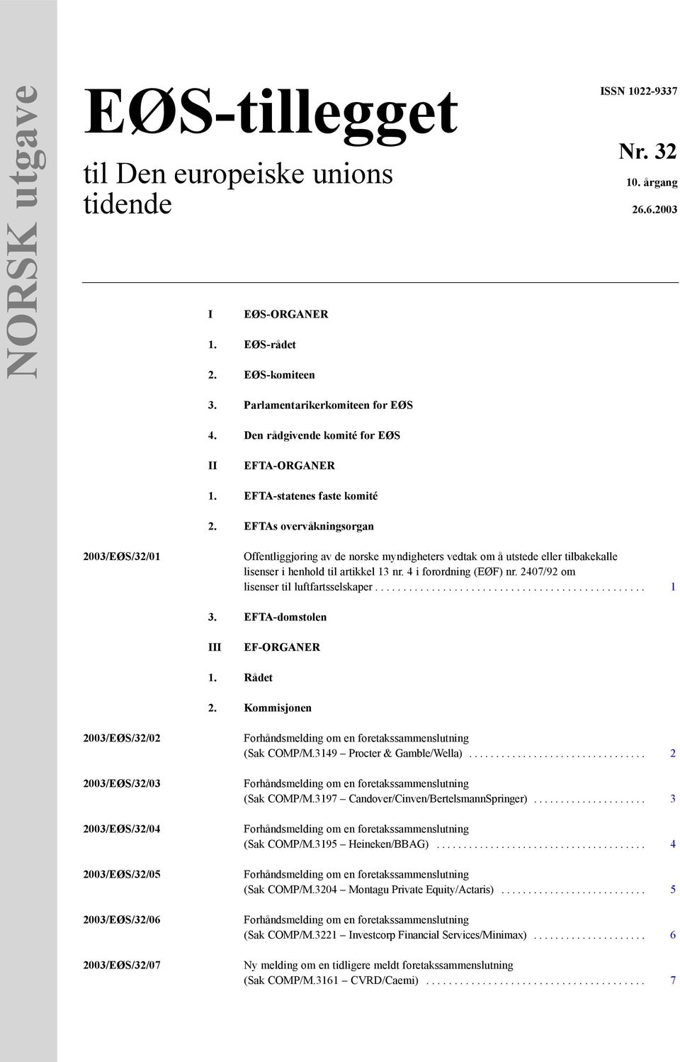 EFTAs overvåkningsorgan 2003/EØS/32/01 Offentliggjøring av de norske myndigheters vedtak om å utstede eller tilbakekalle lisenser i henhold til artikkel 13 nr. 4 i forordning (EØF) nr.