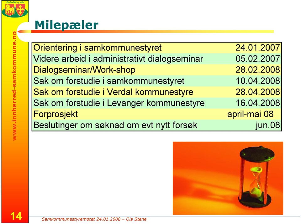 2007 Dialogseminar/Work-shop 28.02.2008 Sak om forstudie i samkommunestyret 10.04.