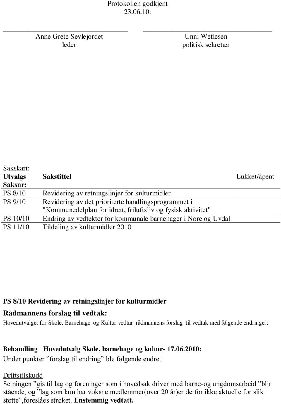 handlingsprogrammet i "Kommunedelplan for idrett, friluftsliv og fysisk aktivitet" PS 10/10 Endring av vedtekter for kommunale barnehager i Nore og Uvdal PS 11/10 Tildeling av kulturmidler 2010