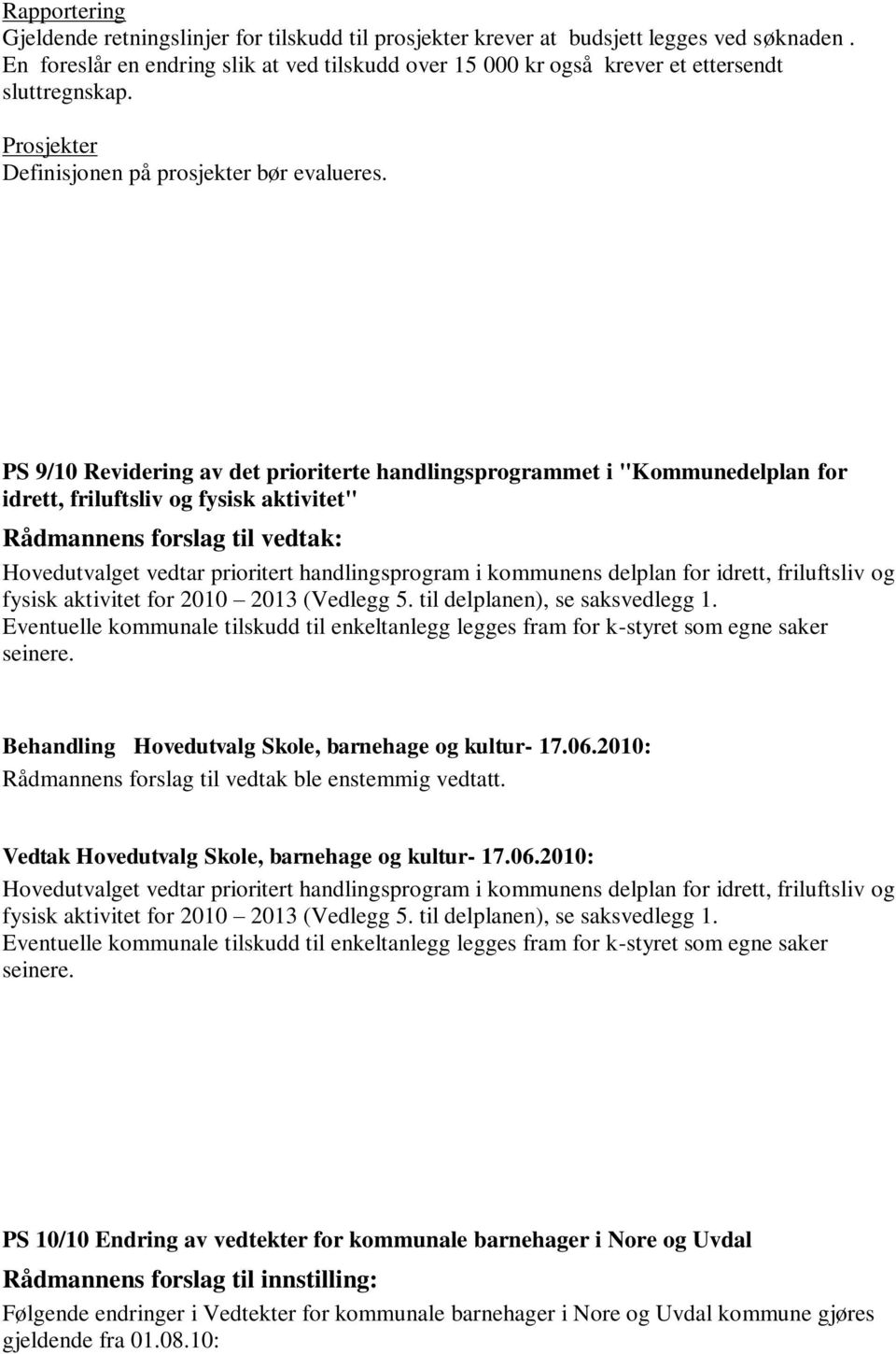 PS 9/10 Revidering av det prioriterte handlingsprogrammet i "Kommunedelplan for idrett, friluftsliv og fysisk aktivitet" Rådmannens forslag til vedtak: Hovedutvalget vedtar prioritert