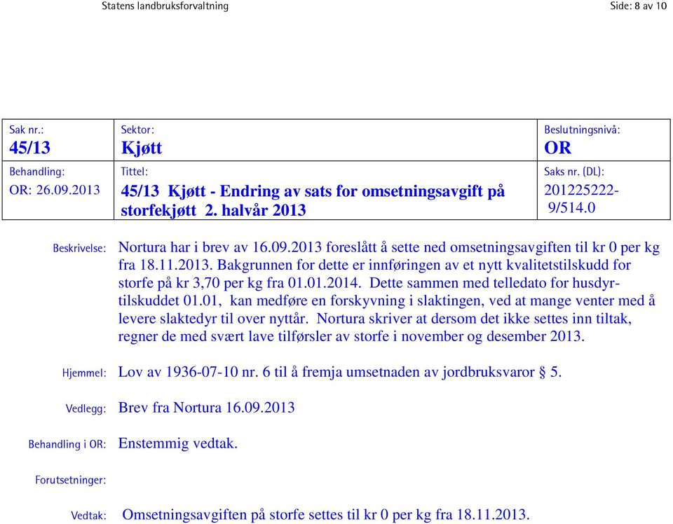 2013 foreslått å sette ned omsetningsavgiften til kr 0 per kg fra 18.11.2013. Bakgrunnen for dette er innføringen av et nytt kvalitetstilskudd for storfe på kr 3,70 per kg fra 01.01.2014.