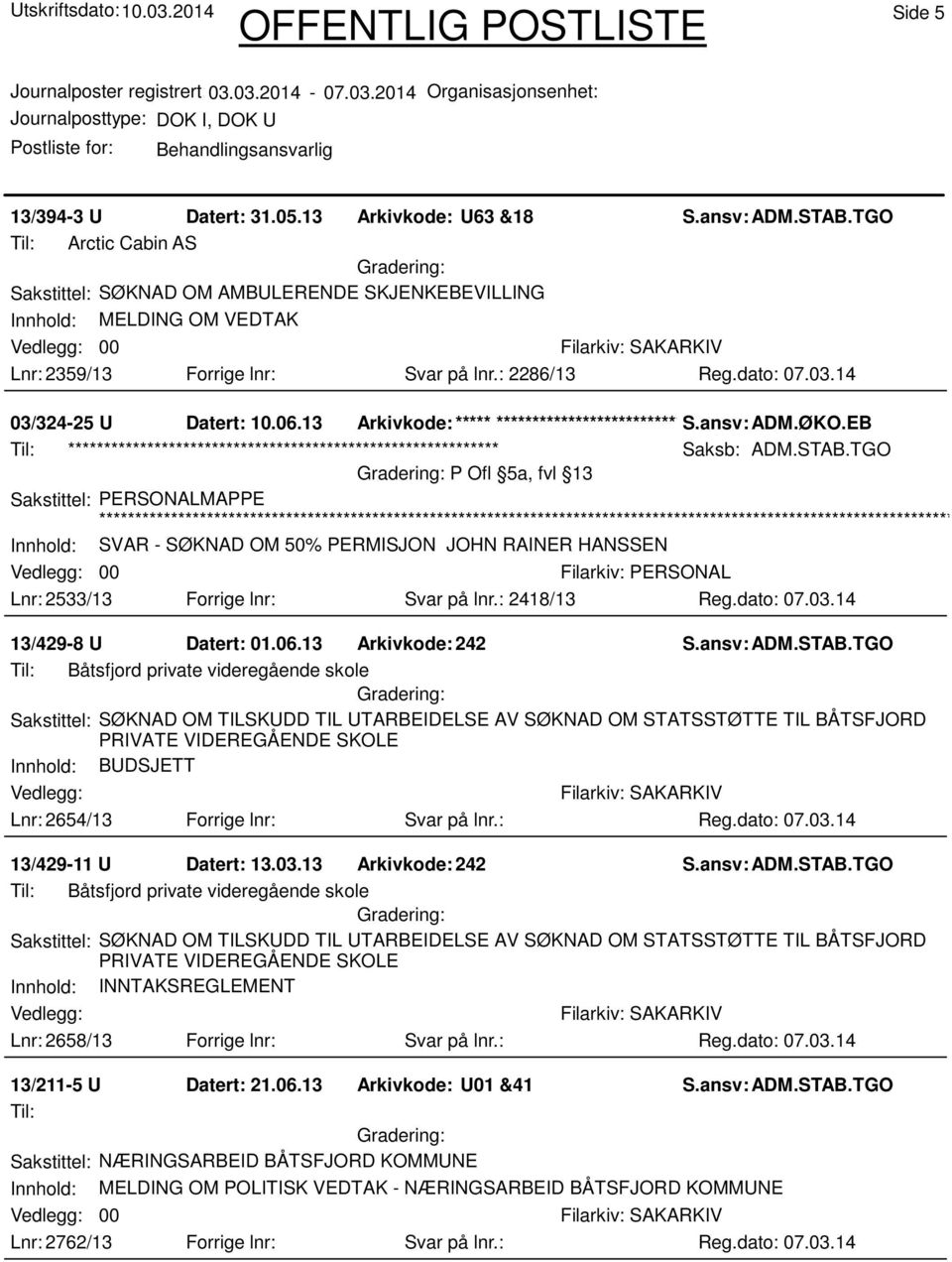 TGO P Ofl 5a, fvl 13 Sakstittel: PERSONALMAPPE Innhold: SVAR - SØKNAD OM 50% PERMISJON JOHN RAINER HANSSEN Filarkiv: PERSONAL Lnr: 2533/13 Forrige lnr: Svar på lnr.: 2418/13 Reg.dato: 07.03.