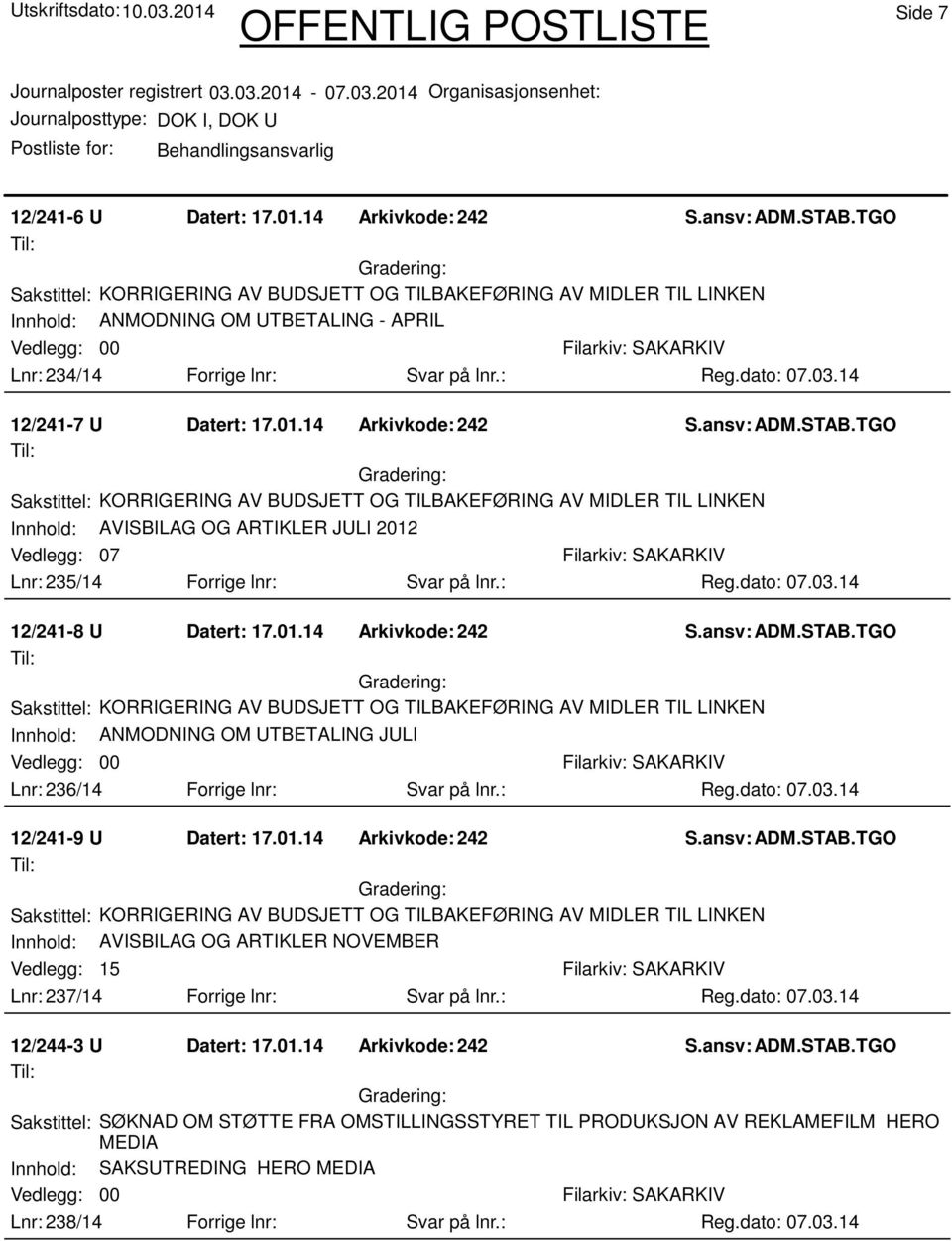 14 12/241-7 U Datert: 17.01.14 Arkivkode:242 Sakstittel: KORRIGERING AV BUDSJETT OG TILBAKEFØRING AV MIDLER TIL LINKEN Innhold: AVISBILAG OG ARTIKLER JULI 2012 07 Lnr: 235/14 Forrige lnr: Svar på lnr.