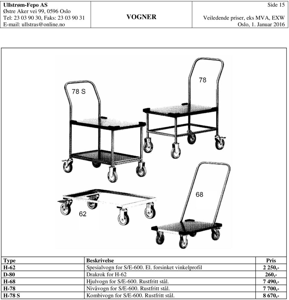 forsinket vinkelprofil 2 20,- D-80 Drakrok for H-2 20,- H-8 Hjulvogn for