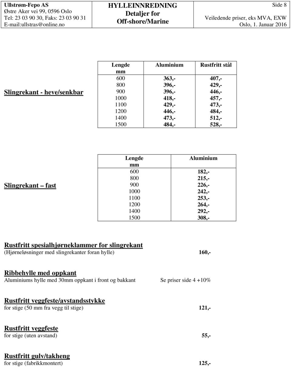 29,-,- 7,- 7,- 8,- 12,- 28,- Slingrekant fast Lengde mm 00 800 900 1000 1100 1200 100 100 Aluminium 182,- 21,- 22,- 22,- 2,- 2,- 292,- 08,- Rustfritt spesialhjørneklammer for slingrekant