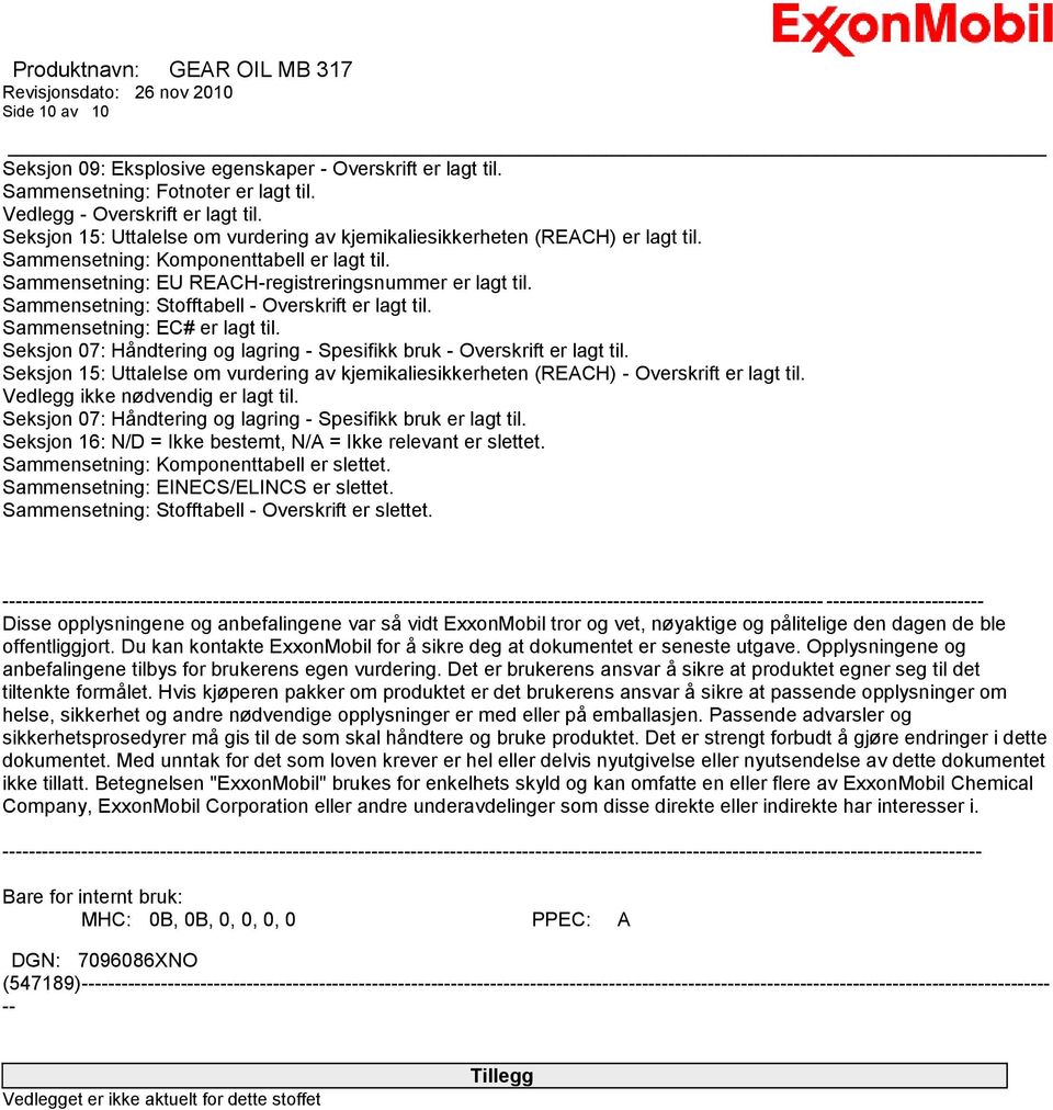 Sammensetning: Stofftabell - Overskrift er lagt til. Sammensetning: EC# er lagt til. Seksjon 07: Håndtering og lagring - Spesifikk bruk - Overskrift er lagt til.