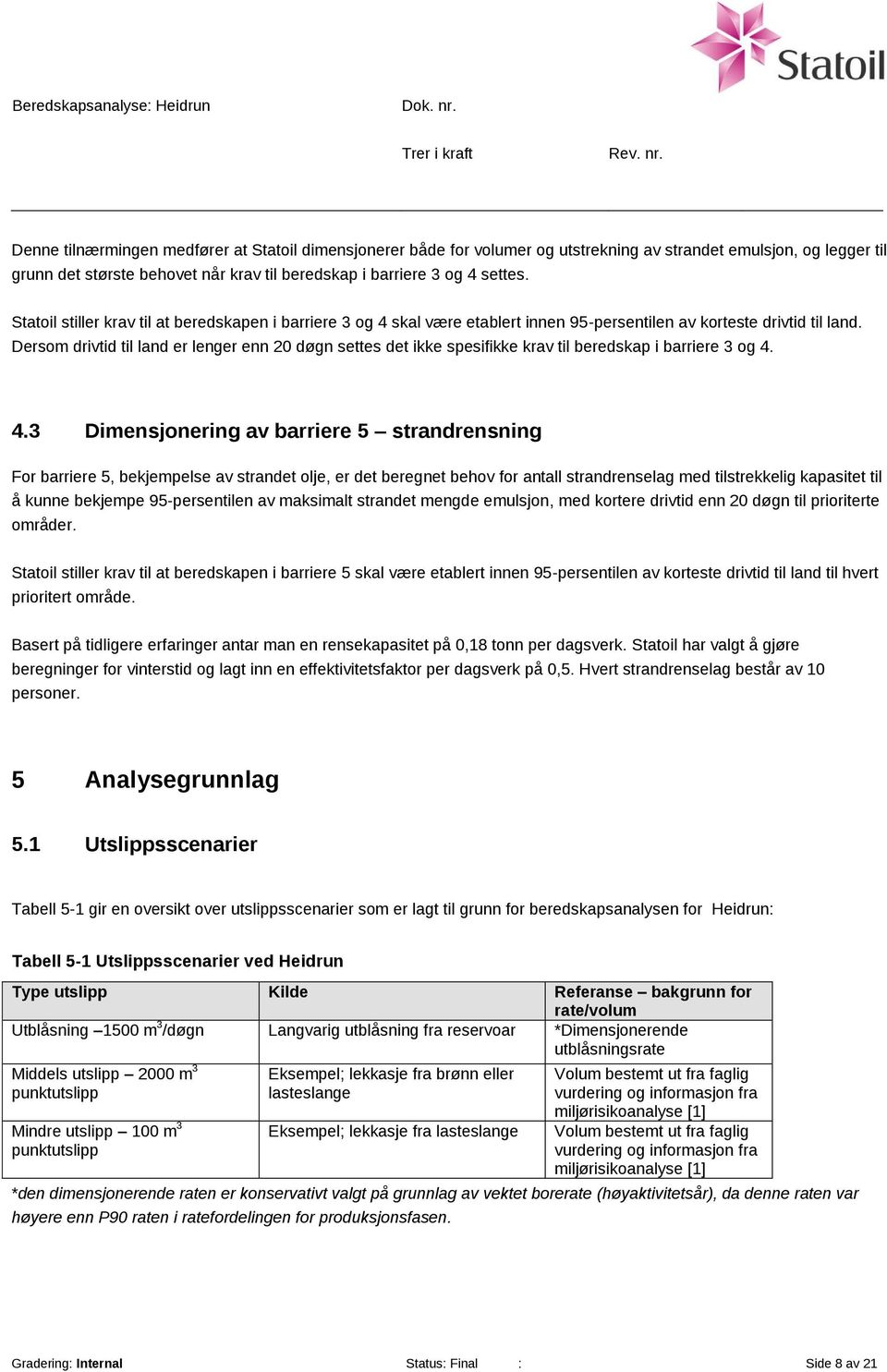 Dersom drivtid til land er lenger enn 20 døgn settes det ikke spesifikke krav til beredskap i barriere 3 og 4.