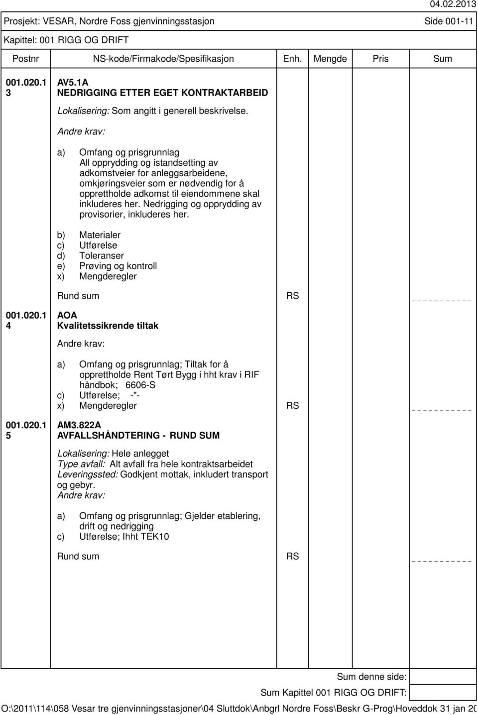 Nedrigging og opprydding av provisorier, inkluderes her. b) Materialer c) Utførelse d) Toleranser e) Prøving og kontroll x) Mengderegler Rund sum RS 001.020.