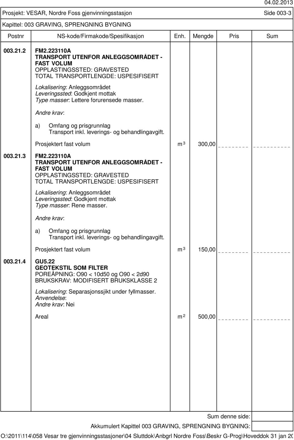 forurensede masser. a) Omfang og prisgrunnlag Transport inkl. leverings- og behandlingavgift. Prosjektert fast volum m 3 300,00 003.21.3 FM2.