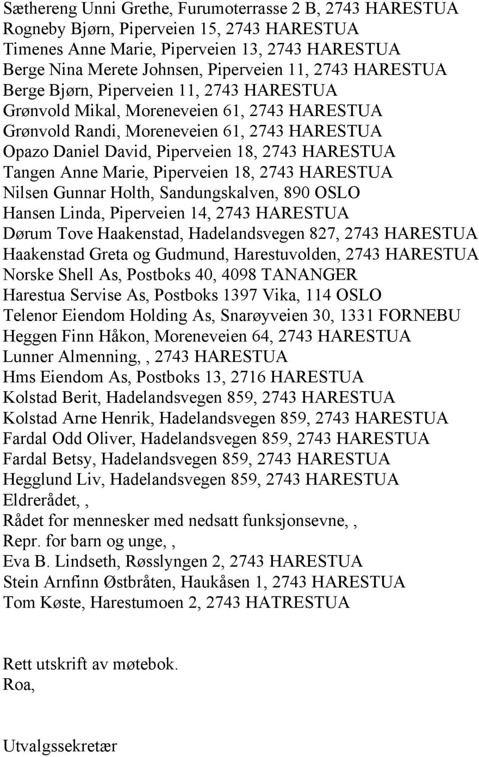 Anne Marie, Piperveien 18, 2743 HARESTUA Nilsen Gunnar Holth, Sandungskalven, 890 OSLO Hansen Linda, Piperveien 14, 2743 HARESTUA Dørum Tove Haakenstad, Hadelandsvegen 827, 2743 HARESTUA Haakenstad