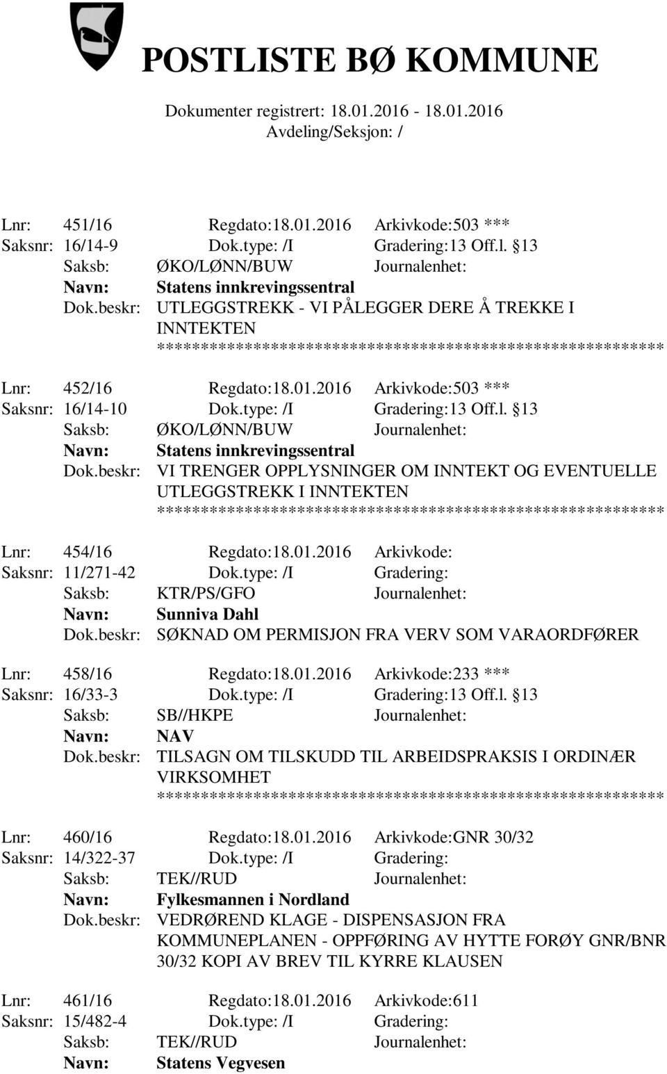 beskr: VI TRENGER OPPLYSNINGER OM INNTEKT OG EVENTUELLE UTLEGGSTREKK I INNTEKTEN Lnr: 454/16 Regdato:18.01.2016 Arkivkode: Saksnr: 11/271-42 Dok.