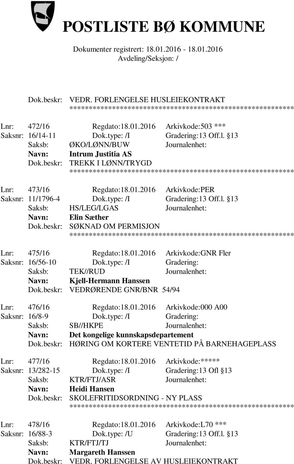 beskr: SØKNAD OM PERMISJON Lnr: 475/16 Regdato:18.01.2016 Arkivkode:GNR Fler Saksnr: 16/56-10 Dok.type: /I Gradering: Navn: Kjell-Hermann Hanssen Dok.