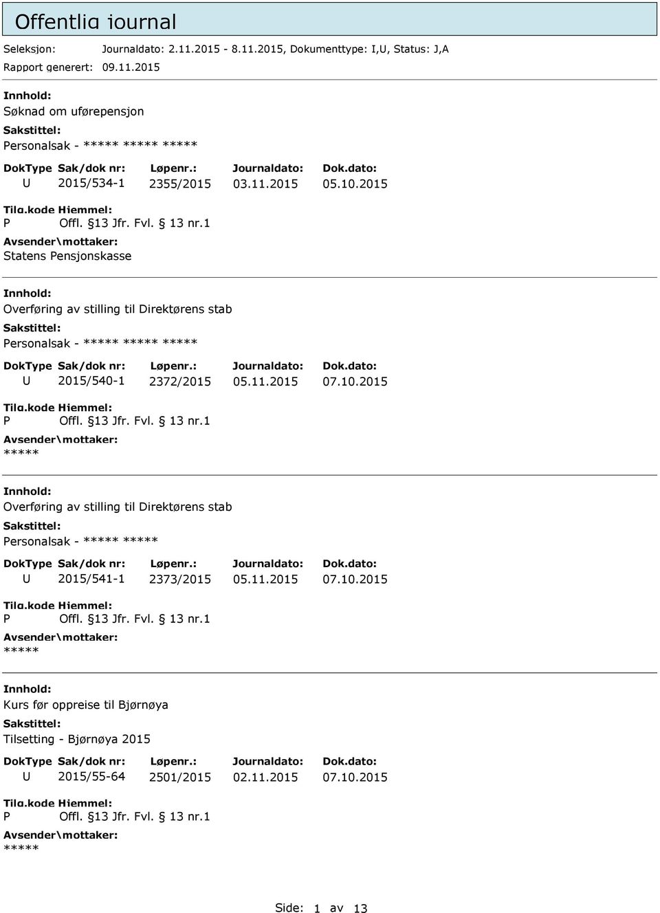 11.2015 05.10.2015 Overføring av stilling til Direktørens stab ersonalsak - 2015/540-1 2372/2015 07.10.2015 Overføring av stilling til Direktørens stab ersonalsak - 2015/541-1 2373/2015 07.