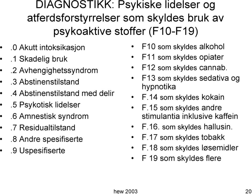 9 Uspesifiserte F10 som skyldes alkohol F11 som skyldes opiater F12 som skyldes cannab. F13 som skyldes sedativa og hypnotika F.14 som skyldes kokain F.