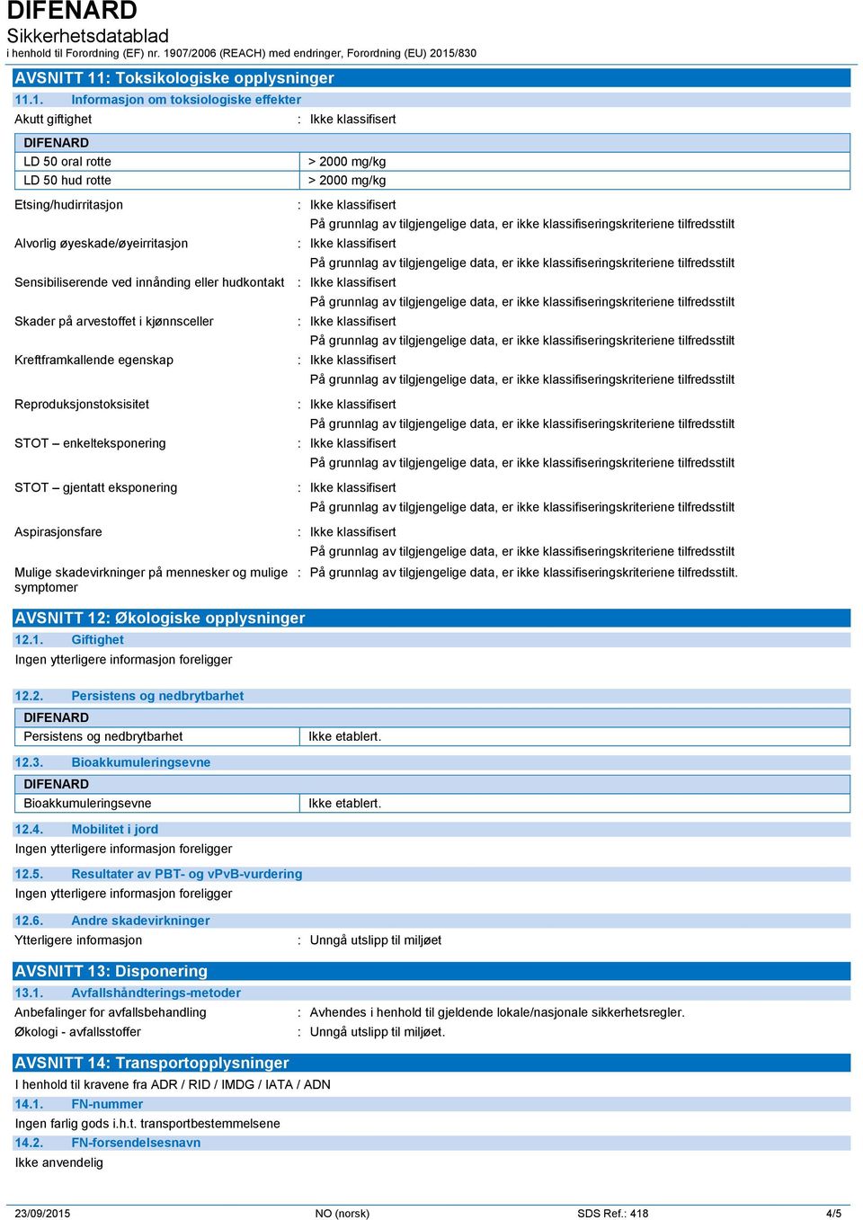 .1. Informasjon om toksiologiske effekter Akutt giftighet LD 50 oral rotte LD 50 hud rotte > 2000 mg/kg > 2000 mg/kg Etsing/hudirritasjon Alvorlig øyeskade/øyeirritasjon Sensibiliserende ved