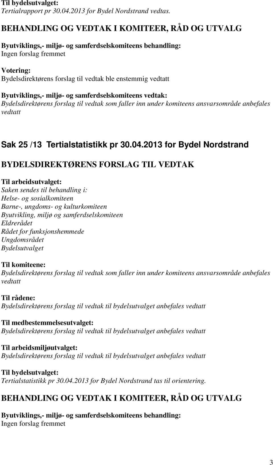 2013 for Bydel Nordstrand Saken sendes til behandling i: Helse- og sosialkomiteen Barne-, ungdoms- og kulturkomiteen Byutvikling, miljø og samferdselskomiteen Eldrerådet Rådet