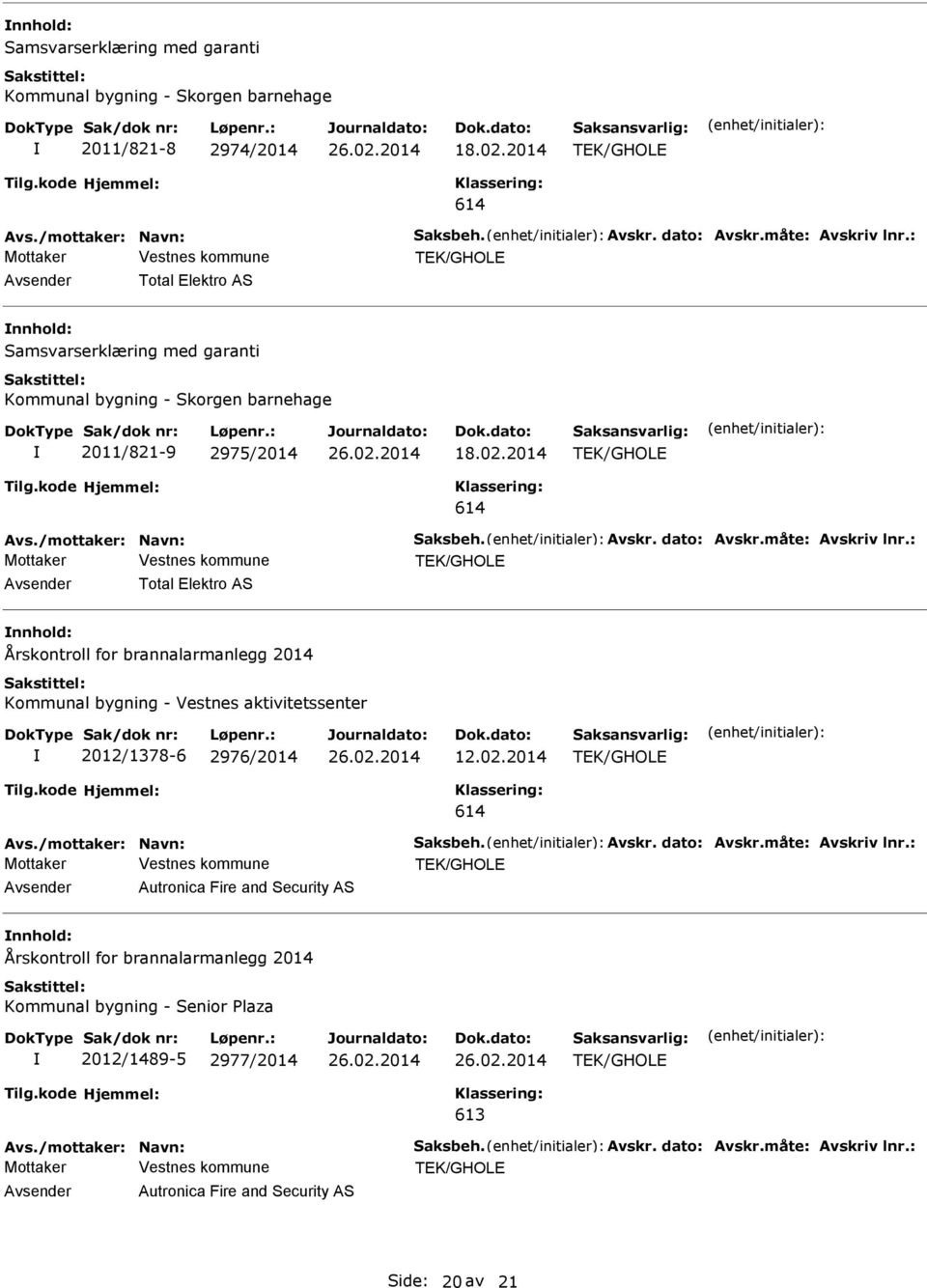 : Mottaker Total Elektro AS Årskontroll for brannalarmanlegg 2014 Kommunal bygning - Vestnes aktivitetssenter 2012/1378-6 2976/2014 12.02.2014 614 Avs./mottaker: Navn: Saksbeh. Avskr. dato: Avskr.