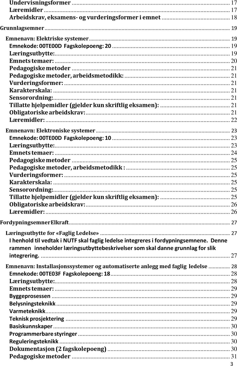 .. 21 Tillatte hjelpemidler (gjelder kun skriftlig eksamen):... 21 Obligatoriske arbeidskrav:... 21 Læremidler:... 22 Emnenavn: Elektroniske systemer... 23 Emnekode: 00TE00D Fagskolepoeng: 10.