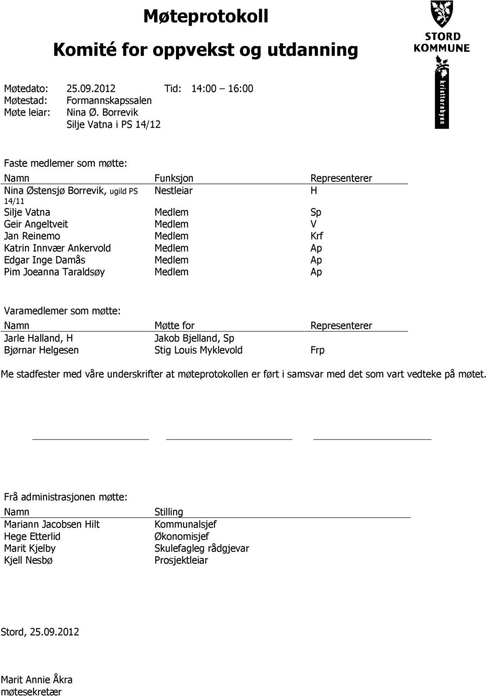 Medlem Krf Katrin Innvær Ankervold Medlem Ap Edgar Inge Damås Medlem Ap Pim Joeanna Taraldsøy Medlem Ap Varamedlemer som møtte: Namn Møtte for Representerer Jarle Halland, H Jakob Bjelland, Sp