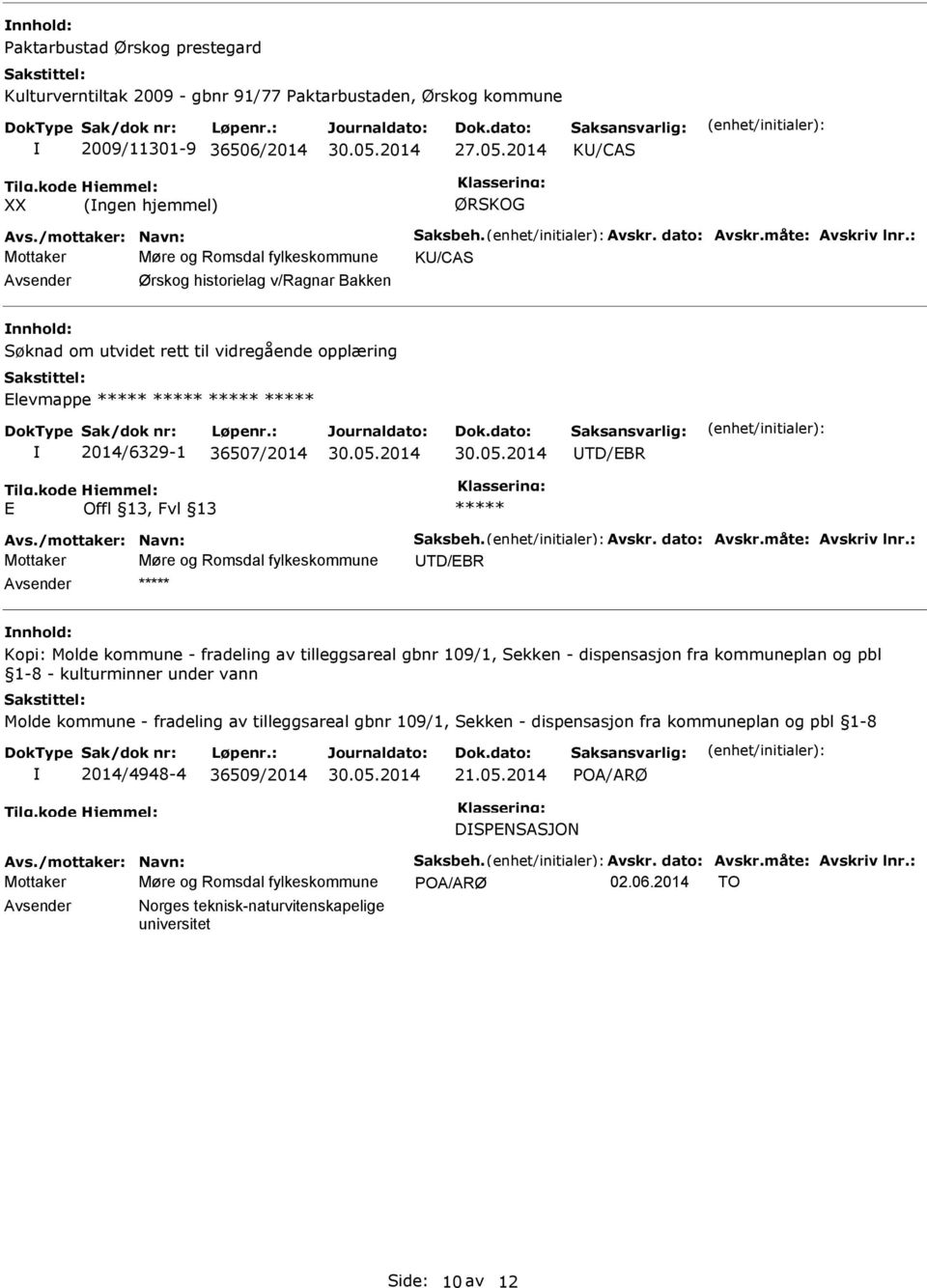 : Mottaker Møre og Romsdal fylkeskommune KU/CAS Avsender Ørskog historielag v/ragnar Bakken nnhold: Søknad om utvidet rett til vidregående opplæring Elevmappe 2014/6329-1 36507/2014 UTD/EBR E Avs.