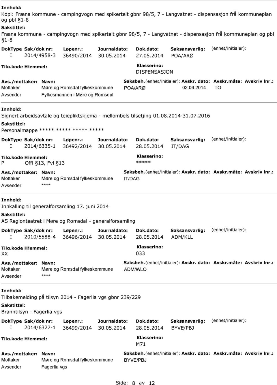 : Mottaker Møre og Romsdal fylkeskommune POA/ARØ 02.06.2014 TO Avsender Fylkesmannen i Møre og Romsdal nnhold: Signert arbeidsavtale og teiepliktskjema - mellombels tilsetjing 01.08.2014-31.07.