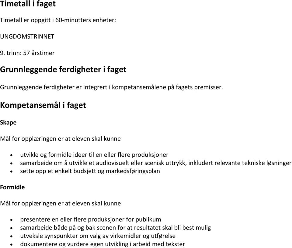 Kompetansemål i faget Skape Mål for opplæringen er at eleven skal kunne utvikle og formidle ideer til en eller flere produksjoner samarbeide om å utvikle et audiovisuelt eller scenisk uttrykk,