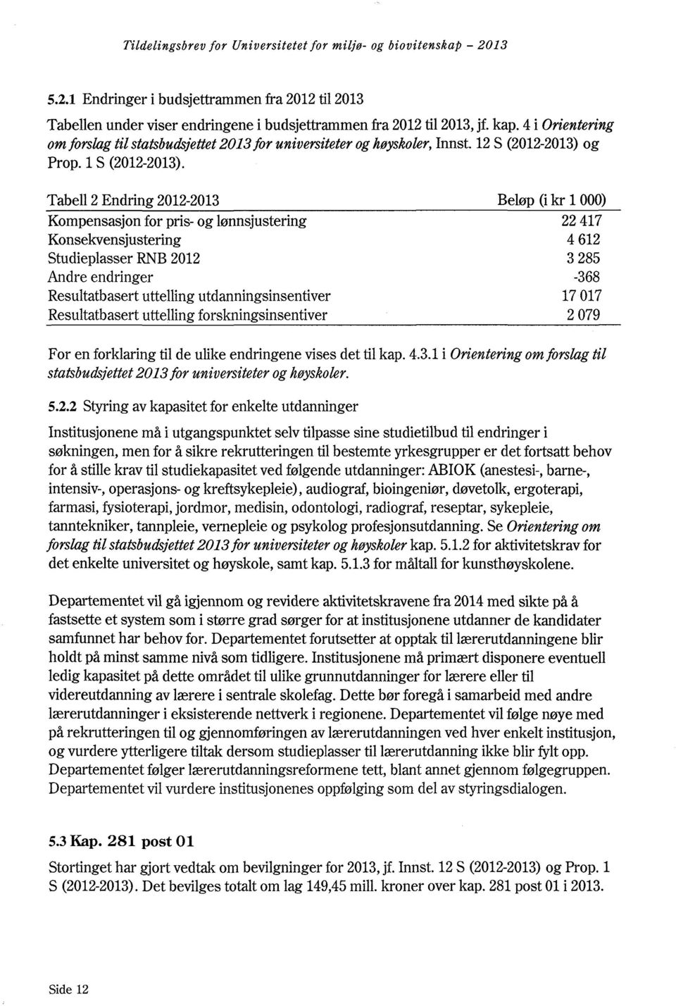 Tabell 2 Endring 2012-2013 Beløp (i kr 1 000) Kompensasjon for pris- og lønnsjustering 22 417 Konsekvensjustering 4 612 Studieplasser RNB 2012 3 285 Andre endringer -368 Resultatbasert uttelling